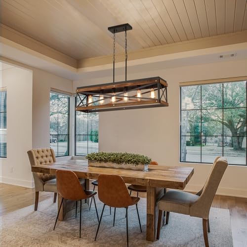 Rustic Farmhouse Wood Kitchen Island Lighting, 6 Lights Rectangular Pendant Light Fixture, Adjustable Chain Oak Wood and Metal Linear Chandelier for Dining Room Kitchen Island Farmhouse, Black - Image 2