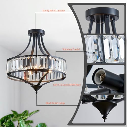 Black Crystal Chandelier Semi Flush Mount Ceiling Light Fixture Round Rustic Farmhouse 4-Light Mid Century Modern Chandelier for Hallway, Bedroom, Foyer, Entryway, Closet - Image 5