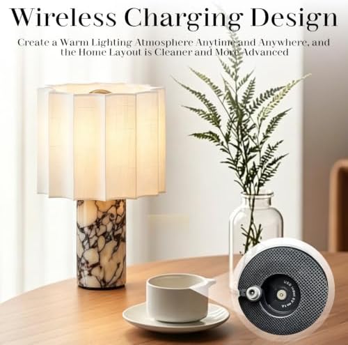 Marble Touch Table Lamp USB Rechargeable Cordless Bedroom Bedside Small Glow Night Light Stone Base and Linen Fabric Shades - Image 4