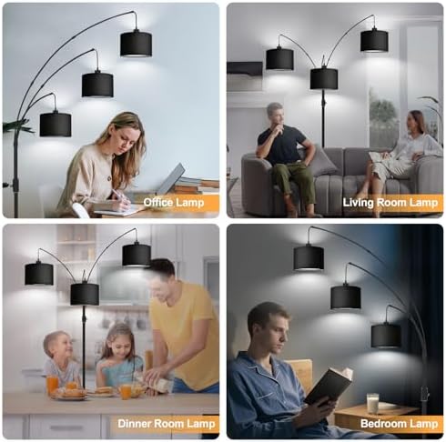 Dimmable Floor Lamp - 3 Lights Arc Floor Lamps for Living Room,Modern Tall Standing Tree Lamp with Black Linen Shade & Heavy Base,Mid Century Floor Lamp for Bedroom Corner Office, 3 LED Bulbs Included - Image 5