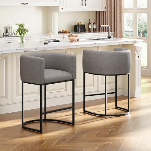 26" H Counter Height Bar Stools Set of 2, Modern Barrel Counter Stools with Backrest and Arms, Linen Fabric Upholstered Accent Barstools for Kitchen Island,Support 450 LBS (Gray) by VATROS