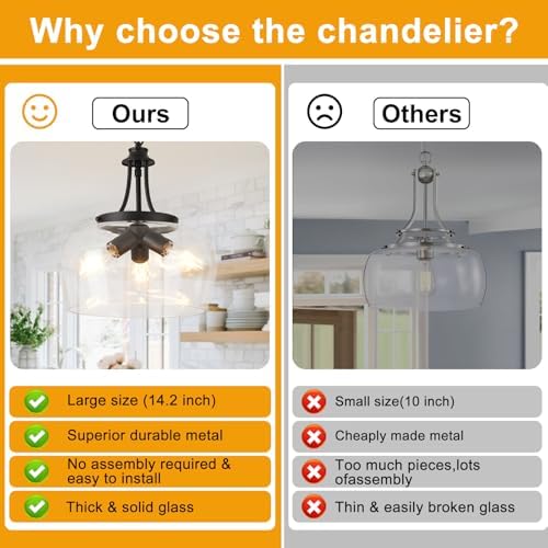 Modern Pendant Lights Kitchen Island, 3-Light Black Pendant Light Fixtures with 14.2" Clear Glass Shade, Industrial Hanging Pendant Lights Fixture for Kitchen Island Dining Room Entryway Foyer - Image 2
