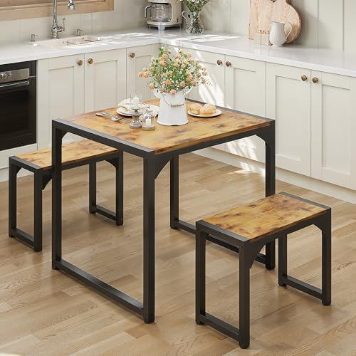 Gizoon Square Dining Table Set for 2, Kitchen Table with 2 Benches Retro - Image 2