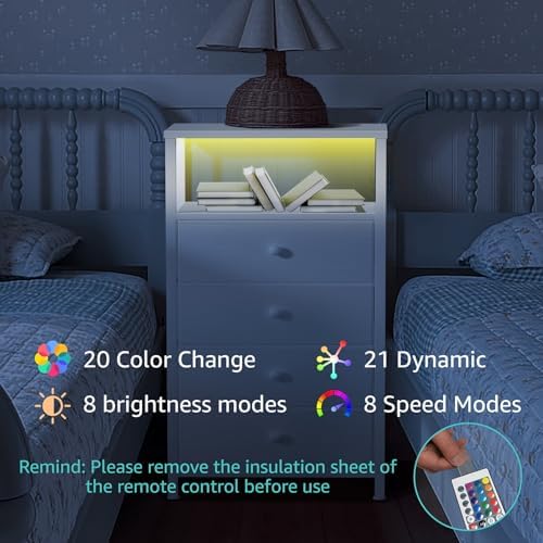 BOLUO Tall Night Stand with Drawers, White Nightstand with Charging Station and LED Light, Small White 4 Drawer Dresser for Bedroom, Room Storage Closet - Image 7