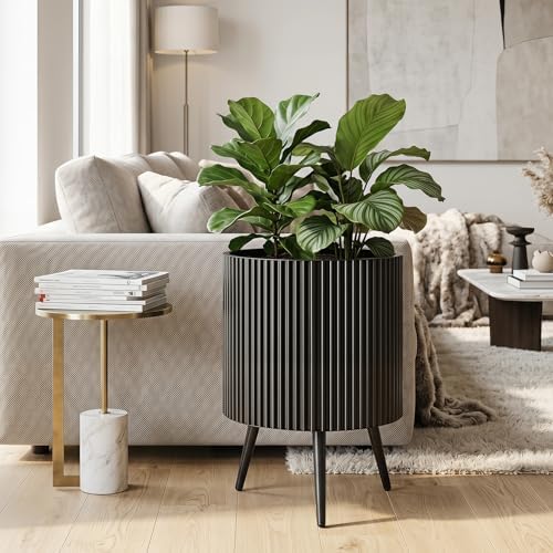 GIANTEX 16 Inch Plant Pot with Stand, Mid-Century Modern Fluted Planter - Image 2