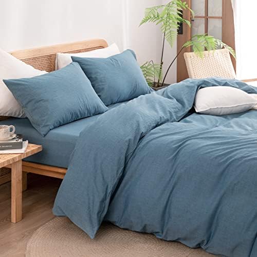BESTOUCH Cotton Solid Duvet Cover Set Linen Feel Dark Blue California King - Image 2