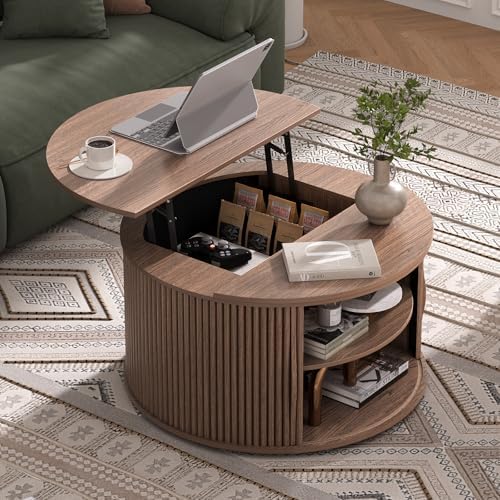 JOINICE Round Lift Top Coffee Table with Storage for Living Room,Walnut - Image 5