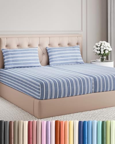 Split King Size 5 Piece Sheet Set - Breathable & Cooling - Blue Stripes by CGKUnlimited