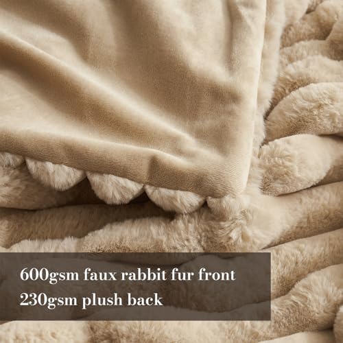 Amélie Home Soft Striped Faux Fur Throw Blanket for Couch, Beige, 55"x70" - Image 3