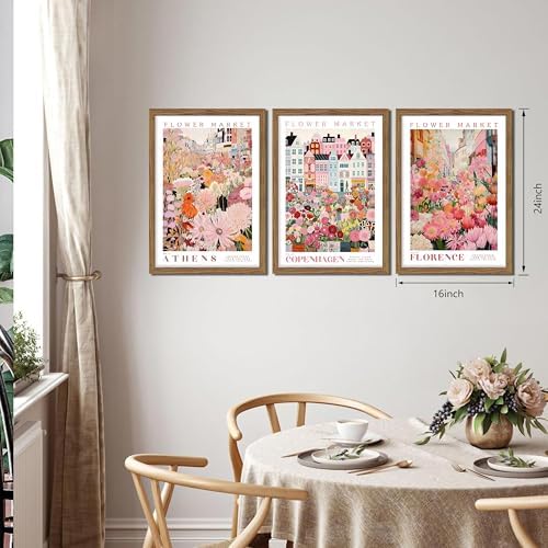 Floral Wall Art Set of 3, Colorful Flower Market Canvas Wall Decor Paintings, Pink Wildflower Botanical Posters Prints Pictures Artwork for Bedroom Living Room 16x24 Inch Wood Framed - Image 4