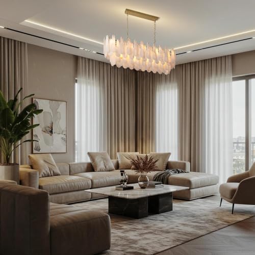 Chandeliers for Dining Room, L47.2 in Modern Alabaster Rectangle Brass Chandelier, 4-Tiers Luxury Natural Stone Ceiling Light Fixture, White Marble Chandeliers for Kitchen Island Living Room Bedroom - Image 7