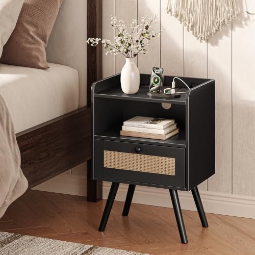 SUPERJARE Nightstand with Charging Station & Rattan-Like Decor Drawer，Black - Image 3