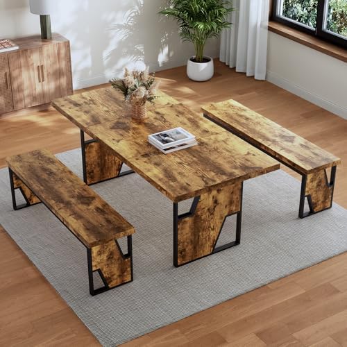 HIPIHOM 70.8" Wooden Dining Table with 2 Benches Kitchen Table and Chairs - Image 2