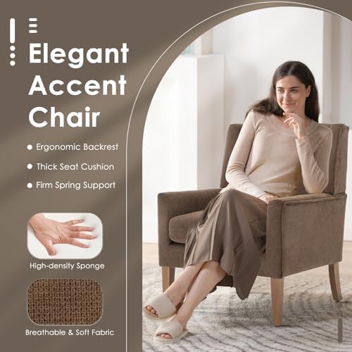 COLAMY Modern Wingback Living Room Chair Set of 2, Upholstered Fabric Accent Armchair, Single Sofa Chair with Lounge Seat and Wood Legs for Bedroom/Office/Reading Spaces, Brown - Image 4