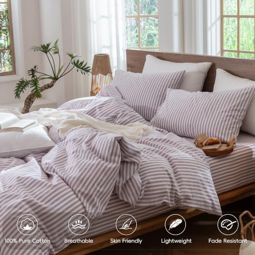 MooMee Striped Duvet Cover Set 100% Washed Cotton Linen Like Queen - Image 3
