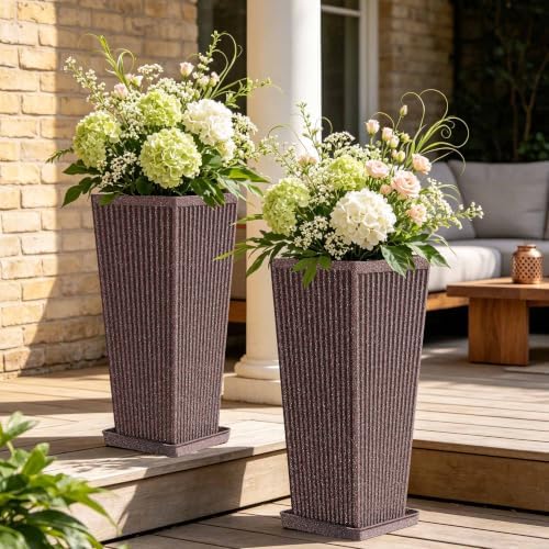 Square Tall Planters for Outdoor Plants with Tray - 24" Brown 2Pack by Outdoorchairs