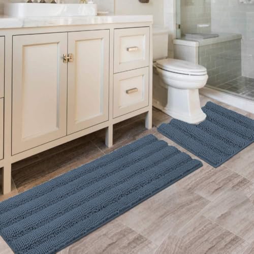 H.VERSAILTEX Bathroom Rug Sets 2 Piece Bath Mats Non Slip Thick Soft Chenille Striped Bath Rug achine Washable Shower Floor Rugs for Tub, Shower and Floor (Blue Indigo, 47"x17" Plus 20"x20" U) by HVERSAILTEX