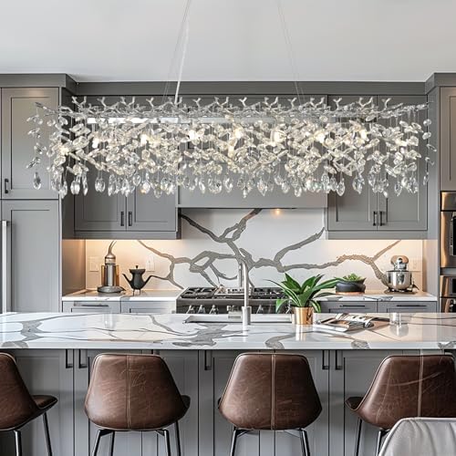 60" Silver Crystal Chandelier, 16-Light Modern Tree Branch Chandeliers, Rectangular Chandelier for Dining Room, Kitchen Island, Living Room, Foyer, Entryway, Luxury K9 Crystal Raindrop Light Fixture by YUYILIGHTING