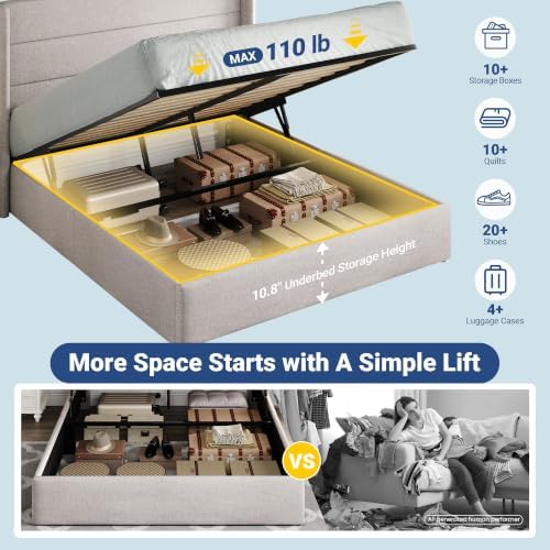 Allewie Full Size Lift Up Hydraulic Storage Bed Frame Light Beige - Image 3