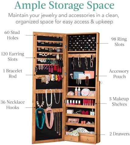 Best Choice Products Freestanding Jewelry Armoire Cabinet, Full Length Standing Mirror, Lockable Makeup Storage Organizer, w/Velvet Lining, 3 Angles, Lock, Accessory Pouch, 5 Shelves - Rustic Brown - Image 2