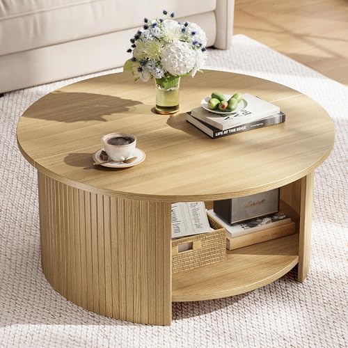 Round Coffee Table with Storage, 31.5" Modern Fluted Center Table, 2-Tier Mid Century Coffee Table, Wood Circle Table for Living Room, Home Office, Small Space, Oak by Unknown