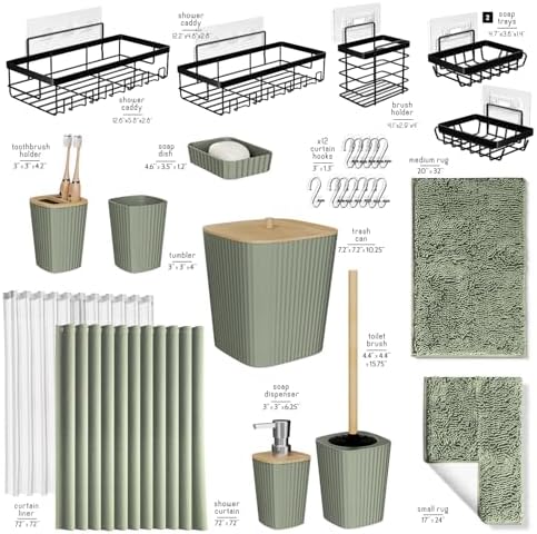 Clara Clark Bathroom Accessories Set - 27PC Bathroom Set with Adhesive Corner Shower Caddy Hanging, Bathroom Sets with Shower Curtain and Rugs, Sage Green Shower Curtain Set with Bathroom Trash Can - Image 3