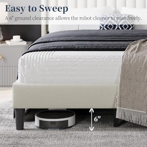Yaheetech Full Bed Frame with Headboard,Ivory Channel-Tufted Platform - Image 6