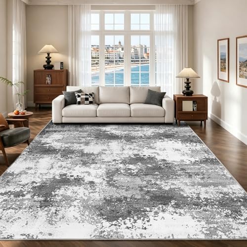 Washable Rug 9x12 Area Rugs for Living Room Bedroom Carpet, Grey Indoor Vintage Abstract Boho Large Rug Non Slip Faux Wool Rugs for Dorm, Dining Room Table, Nursery, Kids Playroom, Gray by Acapet