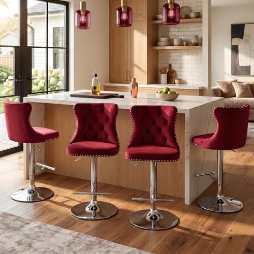 SoarFlash Velvet Bar Stool Set of 6, Adjustable Swivel Bar Stools with Silver Plated Metal Leg, Button Tufted, Footrest, Chrome Nailhead, Counter Height Chair for Kitchen, Bar, Dining Room (Wine Red) - Image 4