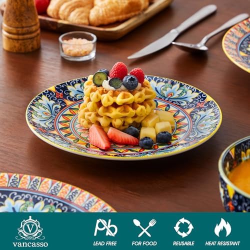 vancasso 12 Pieces Dinnerware Sets, Yellow Plates and Bowls Set, Porcelain Dishes Set for 4, Microwave and Dishwasher Safe, Scratch Resistant, Bohemian Style Dining Ware Service for 4, Series SIMI - Image 3
