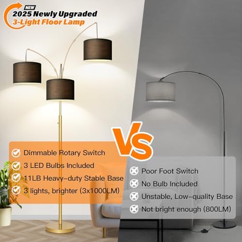 Dimmable Floor Lamp - 3 Lights Gold Arc Floor Lamps for Living Room, 1000LM Modern Tall Standing Lamp With Black Shades&Heavy Base, Mid Century Tree Floor Lamp for Bedroom Office, 3 LED Bulbs Included - Image 6