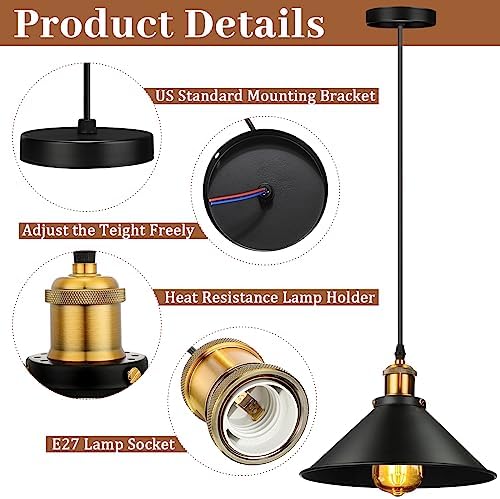 Retisee 6 Pcs Industrial Pendant Light, Vintage Metal E26 Base, Black - Image 3