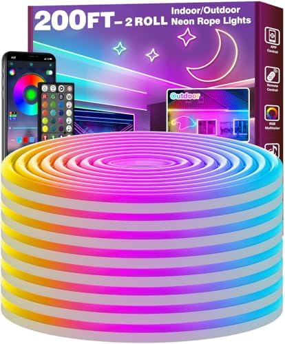 FBZ 200Ft Led Rope Lights, Flexible Neon Lights Control with App/Remote, Multiple Modes, IP65 Outdoor RGB Waterproof, Music Sync Gaming Light Strip for Bedroom Decor (200FT) by Unknown