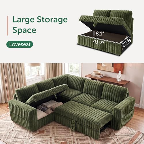 HONBAY Plush Corduroy Modular Sectional Sofa with Pull Out Bed, Convertible L Shaped Couch with Storage,Sleeper Sectional Couches for Living Room,Plush Green - Image 3