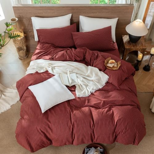 MooMee Striped Duvet Cover Set 100% Washed Cotton Linen Like Queen - Image 4