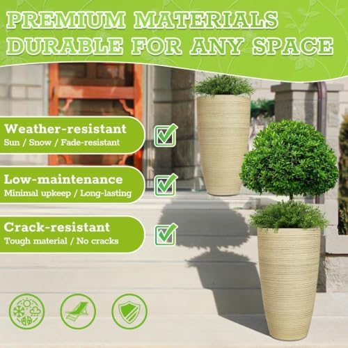 ZMTECH 2-Pack Large Tall Planters with Saucer - 6.8 Gallons /12x21 Inch Faux Stone Finish Round Flower Pots for Indoor Plants, Outdoor Patio & Porch Decor, Unbreakable Plant Containers Beige - Image 5