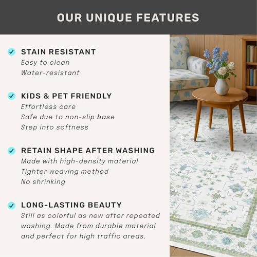 Hazo Haus Turkish 3x8 Wide Hallway Runner - Cream Green Oushak Boho Floral, Washable Low Pile Non Slip Stain Resistant Rug for Kitchen, Bathroom, Hall Way - Image 6