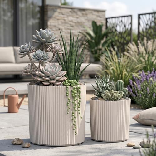 Mayne Haven 10in & 14in Round Fluted Modern Planter Set, Chai, 2-Pack - Image 4