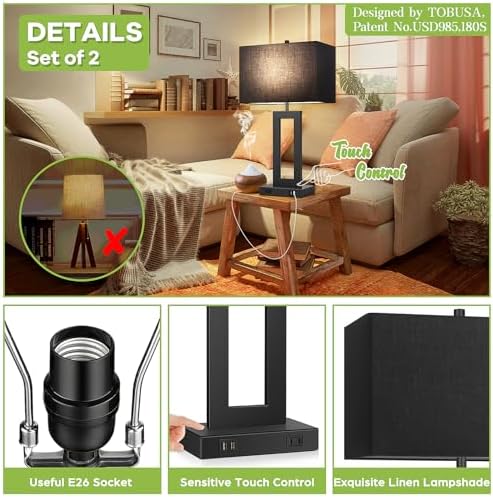 TOBUSA 22" Black Modern Table Lamp Set of 2 with 2 USB Ports&AC Outlet - Image 5
