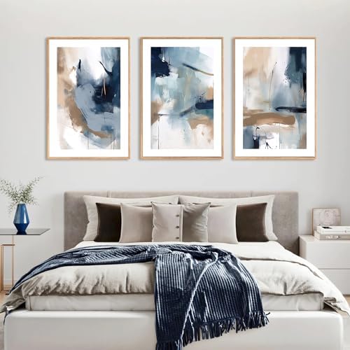LHIUEM Large Abstract Navy Blue Framed Canvas Wall Art,Neutral Brush Stroke Wall Decor,Modern Pastel Brown Wall Painting,Minimalist Shapes Artwork for Living Room,Bedroom,Office- 24"x36"x3 - Image 4