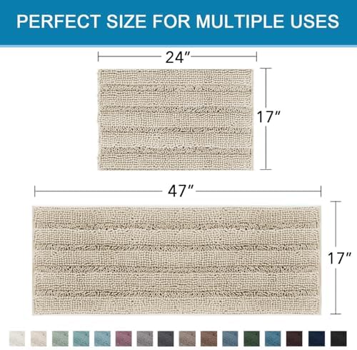 H.VERSAILTEX Bathroom Rug Sets 2 Piece Bath Mats Non Slip Thick Soft Chenille Striped Bath Rug achine Washable Shower Floor Rugs for Tub, Shower and Floor (Fog, 47" x 17"/17" x 24") - Image 2