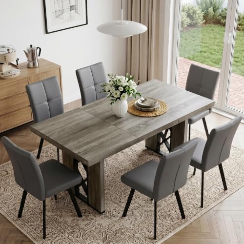 HIPIHOM 7-Piece Dining Table Set for 6, Grey Table with 6 Grey Chairs - Image 3