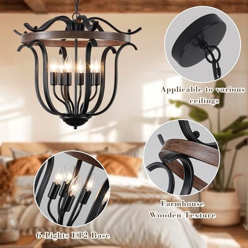 20" Black Farmhouse Chandelier for Dining Room 6 Light Cage Light Fixture - Image 3