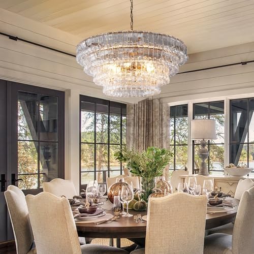 YIOSI Clear Glass 36 inch Round Chandelier for Dining Room, Modern Drum Pendant Light Fixture with Crystal Glass, Gold Large Ceiling Light Perfect for Living Room, Bedroom - Image 3