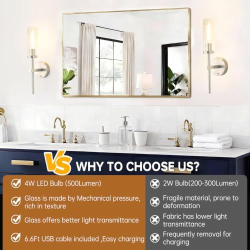 Shenmoyl Battery Operated Wall Sconces Set of 2, Nickel Rechargeable Wall Lighting Fixtures, Dimmable Wall Lights with Remote & Clear Glass Shade for Living Room, Bathroom,Bedroom - Image 4