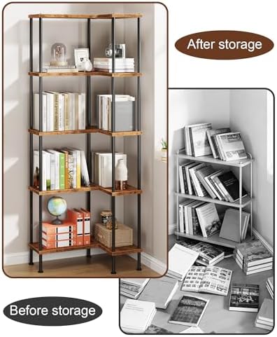 HIGDBFE 5-Tier L-Shaped Corner Bookshelf, 60" Tall Modern Corner Shelf - Image 4
