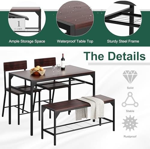 Shintenchi Dining Table Set for 4 with Bench and Chairs, Dark Walnut - Image 6