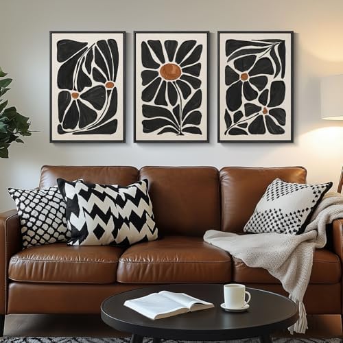 Large Framed Black and White Boho Floral Wall Art, 3 Piece Vintage Botanical Artwork for Walls, Bohemian Flowers Canvas Prints for Living Room Bedroom Hallway Office Home Decor, Total 30x60 Inch - Image 2