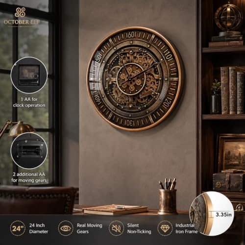 24 Inch Large Real Moving Gears Antique Brass Gold Metal Wall Clock - Image 5