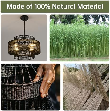 17.7" Black Rattan Chandelier for Dining Room, Boho Pendant Light - Image 3